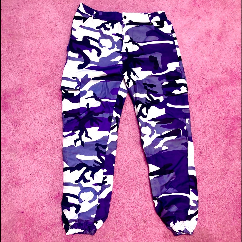 Purple fatigued cargo pants